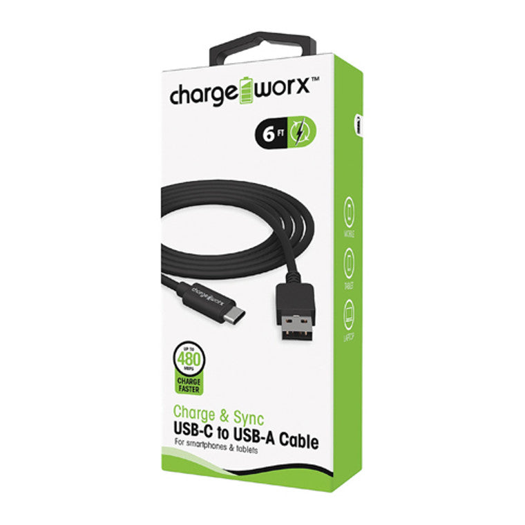 Charge Worx® 6ft USB-C to USB-A Sync & Charge Cable – Black